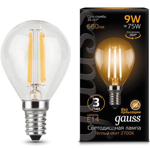 Лампа светодиодная Filament Шар E14 9Вт 2700К GAUSS