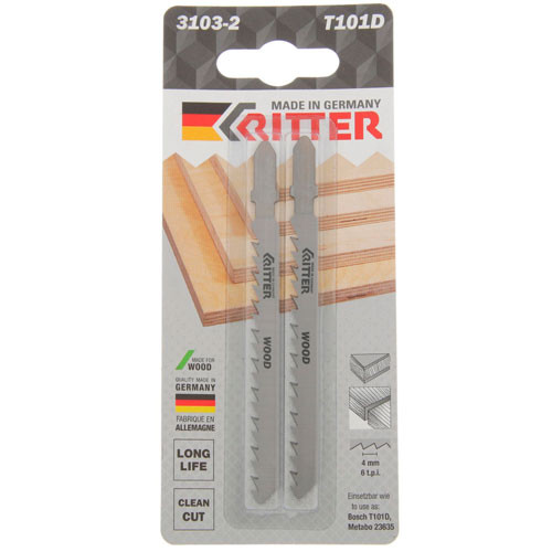 Пилки для лобзиков Ritter по дереву T101D CrV 100/75 мм шаг 4 мм 6TPi (прямой чистый рез) (2 шт)