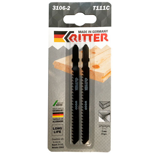 Пилки для лобзиков Ritter по дереву T111C CrV 100/75 мм шаг 3 мм 8TPi (грубый быстрый рез) (2шт)