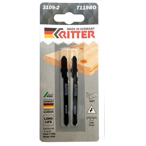 Пилки для лобзиков Ritter по дереву T119ВО CrV 75/50 мм шаг 2 мм 12TPi (криволинейный рез) (2 шт)