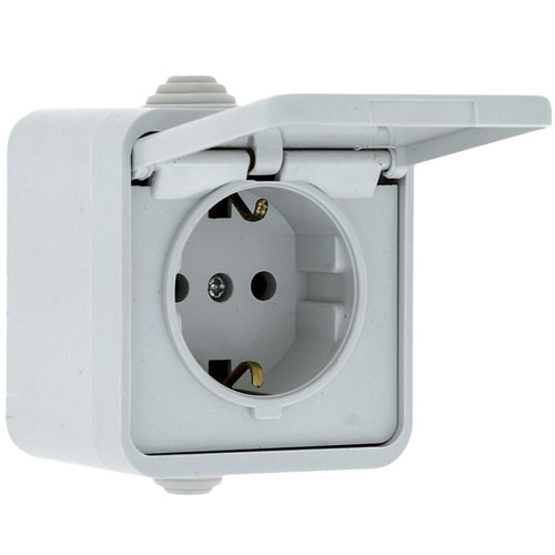 Розетка одинарная открытой установки с заземлением с крышкой IP44 белая (EKF Прага)