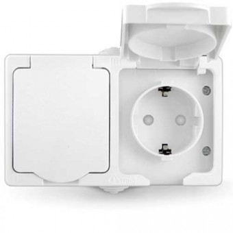 Блок розетка + розетка с заземлением и крышкой открытой установки белый UNIVersal Алегро