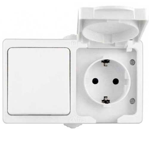 Блок 1-кл. выключатель + розетка с заземлением и крышкой открытой установки белый UNIVersal Алегро