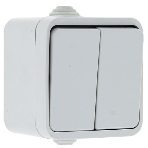 Выключатель двухклавишный открытой установки белый IP44 (EKF Прага)