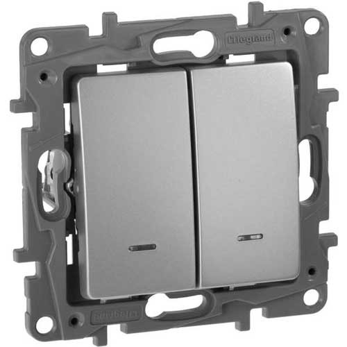 Выключатель двухклавишный c подсветкой СП Legrand Etika алюминий