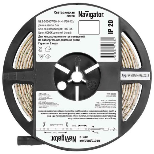 Лента светодиодная  71768 NLS-5050CW60-14.4-IP20-12V- R5 14.4Вт/м (5м,) Navigator