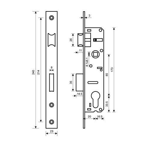 Замок врезной б/руч  нерж. сталь 20 мм под ц/м, м/о 85 мм БУЛАТ ЗВ 4-1.20.85.23.08